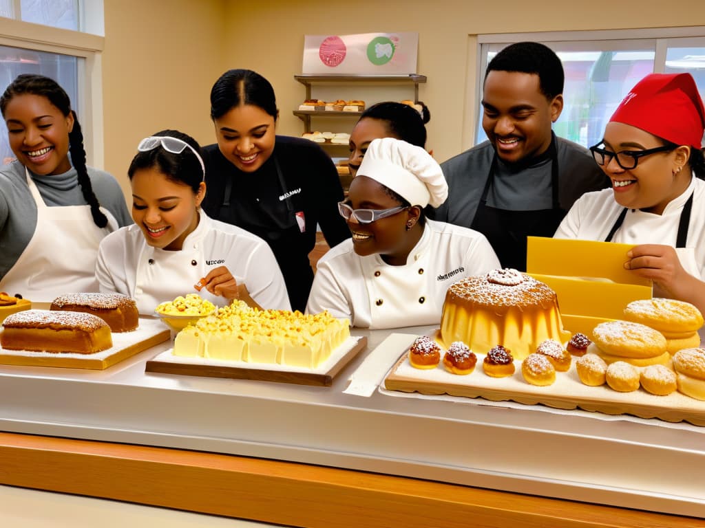  A closeup, photorealistic image of a diverse group of individuals with hearing impairments joyfully decorating a variety of beautifully crafted pastries in a bright, welcoming bakery setting. Each person is focused and engaged in the task, communicating through sign language and animated facial expressions, showcasing the art and inclusivity of pastrymaking for those with hearing disabilities. The scene exudes warmth, teamwork, and creativity, capturing the essence of adapted baking for the hearingimpaired community. hyperrealistic, full body, detailed clothing, highly detailed, cinematic lighting, stunningly beautiful, intricate, sharp focus, f/1. 8, 85mm, (centered image composition), (professionally color graded), ((bright soft diffused light)), volumetric fog, trending on instagram, trending on tumblr, HDR 4K, 8K