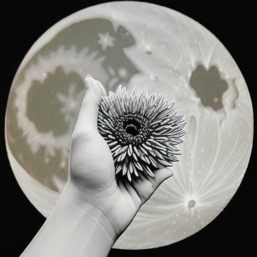  in the outstretched hand is a chrysanthemum flower. night. moon. stars. the clouds. pain. a broken heart. an obsession.