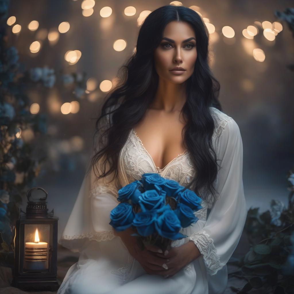  cinematic film still Night, a beautiful with long wavy black hair, in a long white nightgown, sits on her , holds a candle, stands a patch of blue roses, moon, stars. . shallow depth of field, vignette, highly detailed, high budget, bokeh, cinemascope, moody, epic, gorgeous, film grain, grainy hyperrealistic, full body, detailed clothing, highly detailed, cinematic lighting, stunningly beautiful, intricate, sharp focus, f/1. 8, 85mm, (centered image composition), (professionally color graded), ((bright soft diffused light)), volumetric fog, trending on instagram, trending on tumblr, HDR 4K, 8K