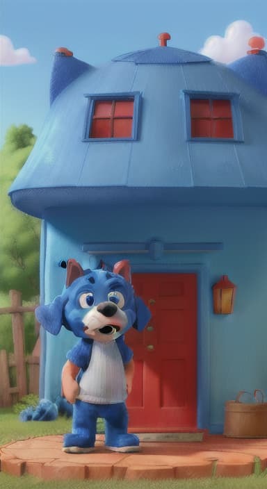  {Max the big blue dog standing in front of a cozy little house with a red door, The big blue dog is large with sky blue fur, big round eyes, a black nose, and floppy ears.