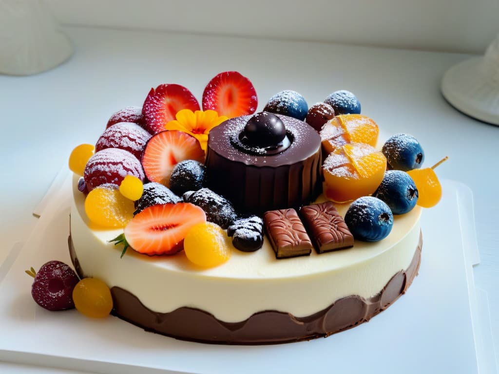  A closeup, ultradetailed image of a perfectly balanced and visually stunning dessert platter featuring an array of delicately crafted pastries, cakes, and sweets. Each item is meticulously garnished with vibrant fruits, delicate edible flowers, and intricate chocolate decorations, showcasing the harmonious blend of sweet and savory flavors in modern pastry art. The elegant presentation on a sleek, white platter exudes sophistication and culinary excellence, making it a visually captivating representation of the concept of balance saladodulce in contemporary dessert making. hyperrealistic, full body, detailed clothing, highly detailed, cinematic lighting, stunningly beautiful, intricate, sharp focus, f/1. 8, 85mm, (centered image composition), (professionally color graded), ((bright soft diffused light)), volumetric fog, trending on instagram, trending on tumblr, HDR 4K, 8K