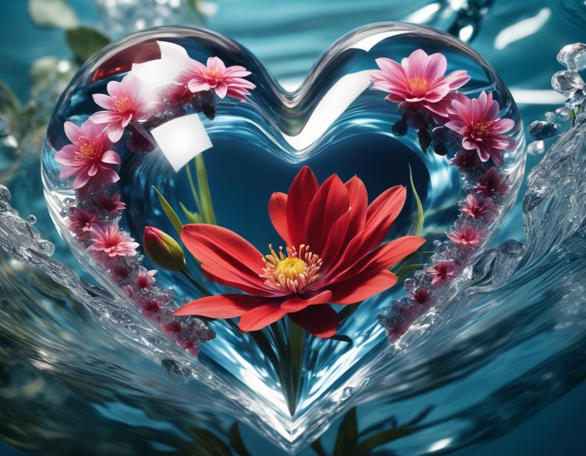  hyperrealistic art a crystal heart in water with flower inside and outside. . extremely high resolution details, photographic, realism pushed to extreme, fine texture, incredibly lifelike hyperrealistic, full body, detailed clothing, highly detailed, cinematic lighting, stunningly beautiful, intricate, sharp focus, f/1. 8, 85mm, (centered image composition), (professionally color graded), ((bright soft diffused light)), volumetric fog, trending on instagram, trending on tumblr, HDR 4K, 8K