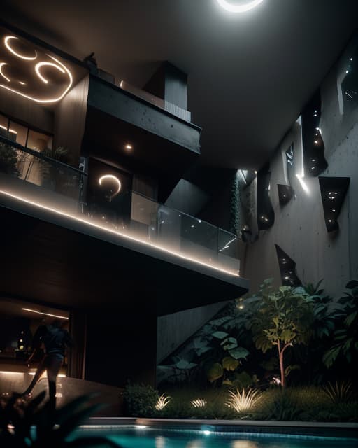  A high resolution photograph of a modern Residential House, hyper realistic, CINEMATIC, HYPER REALISTIC PHOTOGRAPH OF BLACK, CONCRETE AND CORTEN MODERN MINIMALIST VILLA WITH OPEN LIVING ROOM AND DINING ROOM, ARCHITECTURE WITH ARTIFICIAL LIGHTING AND ILLUMINATED SWIMMING POOL, GARDEN WITH OLIVE TREES, INFINITE POOL, UNREAL ENGINE 5, PHOTOGRAPHY, ULTRA WIDE ANGLE, DEPTH OF FIELD, HYPER DETAILED, INSANE DETAILS, INTRICATE DETAILS, BEAUTIFULLY COLOR GRADED, UNREAL ENGINE, PHOTOSHOOT, SHOT ON 25MM LENS, DOF, TILT BLUR, SHUTTER SPEED 1/1000, F/22, WHITE BALANCE, 32K, SUPER RESOLUTION, MEGAPIXEL, PRO PHOTO RGB, VR, LONELY, GOOD, MASSIVE, HALF REAR LIGHTING, BACKLIGHT, NATURAL LIGHTING, INCANDESCENT, OPTICAL FIBER, MOODY LIGHTING, CINEMATIC LIGHTIN