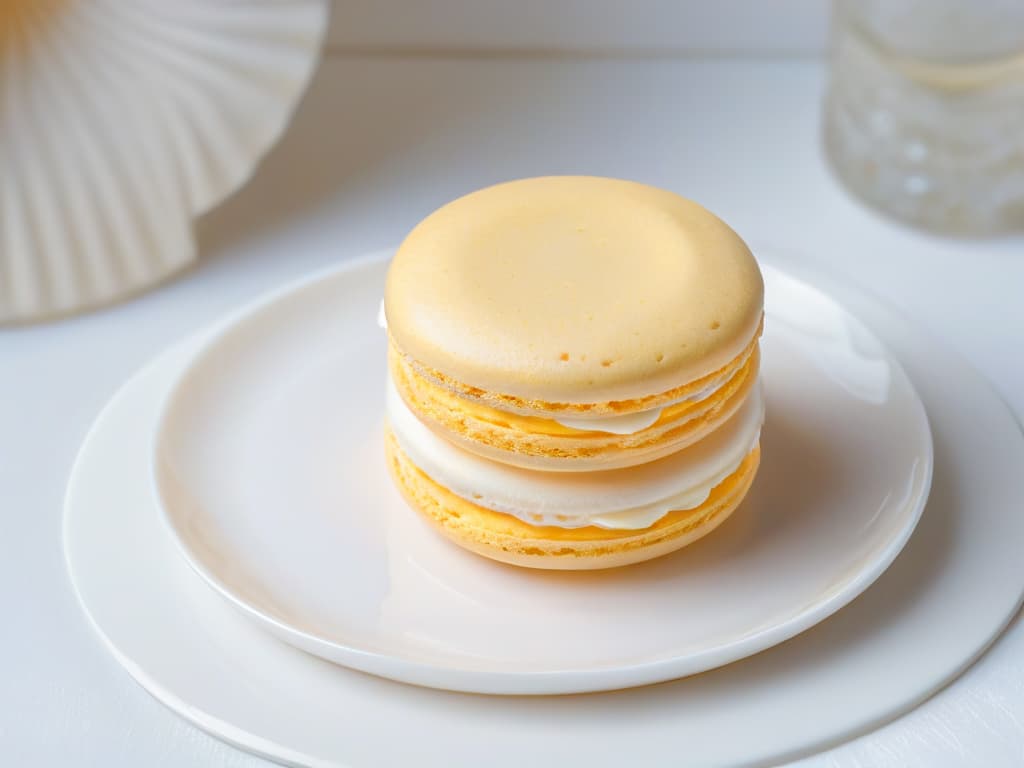  A closeup, highresolution image of a delicate, pastelcolored macaron resting on a pristine white porcelain plate. The macaron is perfectly symmetrical with a smooth, glossy surface, showcasing intricate details of the delicate shell and a luscious, creamy filling peeking out. The lighting is soft and diffused, emphasizing the pastel hues and the elegant simplicity of the French pastry. hyperrealistic, full body, detailed clothing, highly detailed, cinematic lighting, stunningly beautiful, intricate, sharp focus, f/1. 8, 85mm, (centered image composition), (professionally color graded), ((bright soft diffused light)), volumetric fog, trending on instagram, trending on tumblr, HDR 4K, 8K