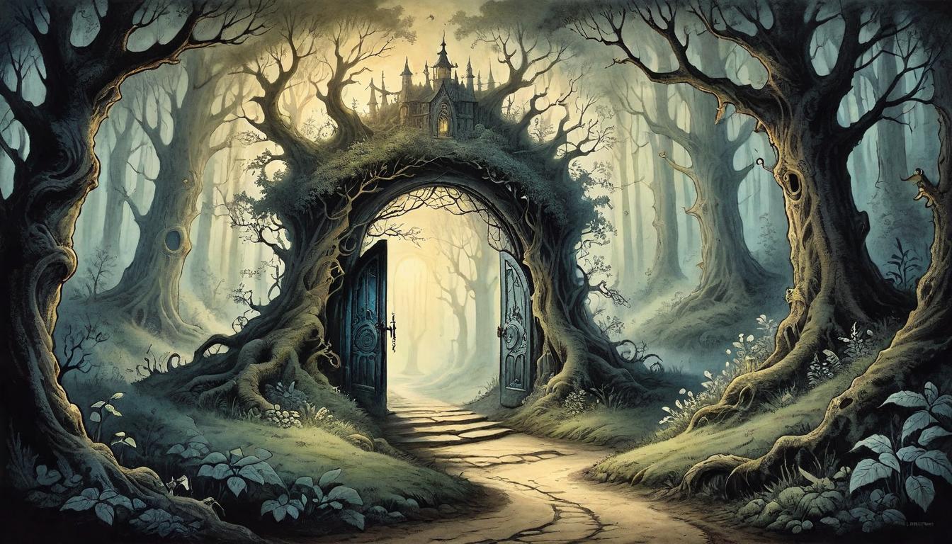  on parchment, surrealism+++, A winding path etched into a dark, enchanted forest, leading towards a glowing, ethereal door floating between gnarled trees, pathway shadowed, door radiating soft, inviting light, sense of mystery, threshold of transformation(mysterious, provocative, symbolic,muted color)+++