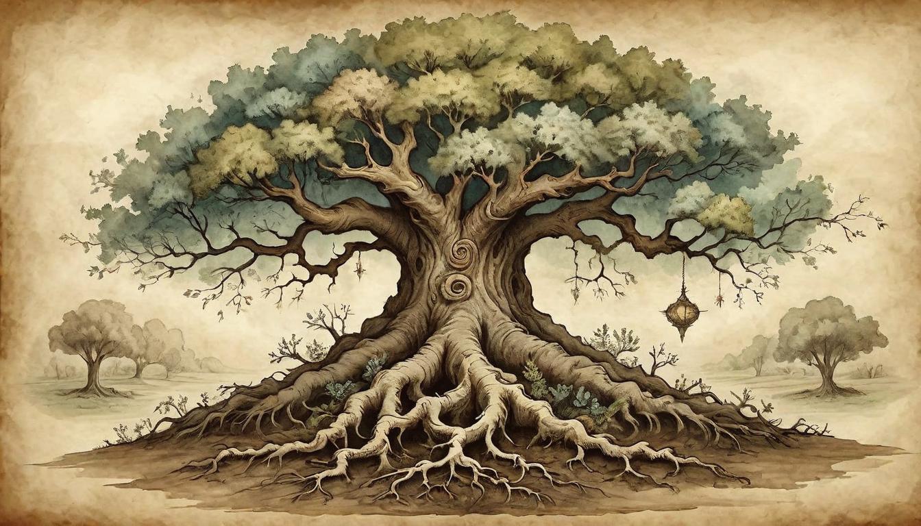  on parchment, surrealism+++, A majestic tree with robust, sturdy roots breaking through the earth, symbolizing stability, grounding, resilient(mysterious, provocative, symbolic,muted color)+++