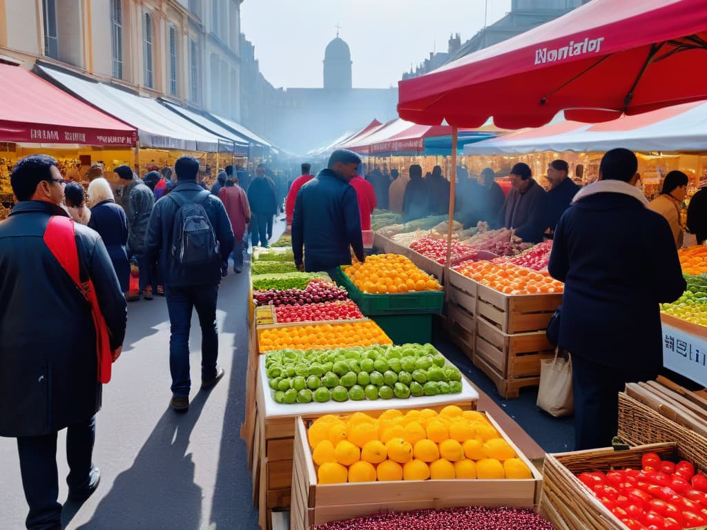  A bustling farmer's market scene with vibrant stalls overflowing with colorful fruits, vegetables, and handmade goods. The sun is casting a warm glow over the scene, highlighting the diversity of products and people engaging in fair trade practices. Customers of various ages and backgrounds are seen happily shopping, exchanging money with smiling vendors. The atmosphere is lively and filled with a sense of community and ethical consumption. hyperrealistic, full body, detailed clothing, highly detailed, cinematic lighting, stunningly beautiful, intricate, sharp focus, f/1. 8, 85mm, (centered image composition), (professionally color graded), ((bright soft diffused light)), volumetric fog, trending on instagram, trending on tumblr, HDR 4K, 8K