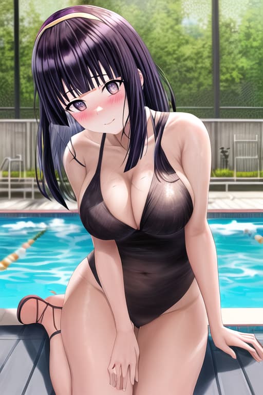  ,(hinata hyuga:1.3), shy, (masterpiece), (highest quality), (intricate), (high detail),women at pool, competition, black, masterpiece, best quality, high quality, solo