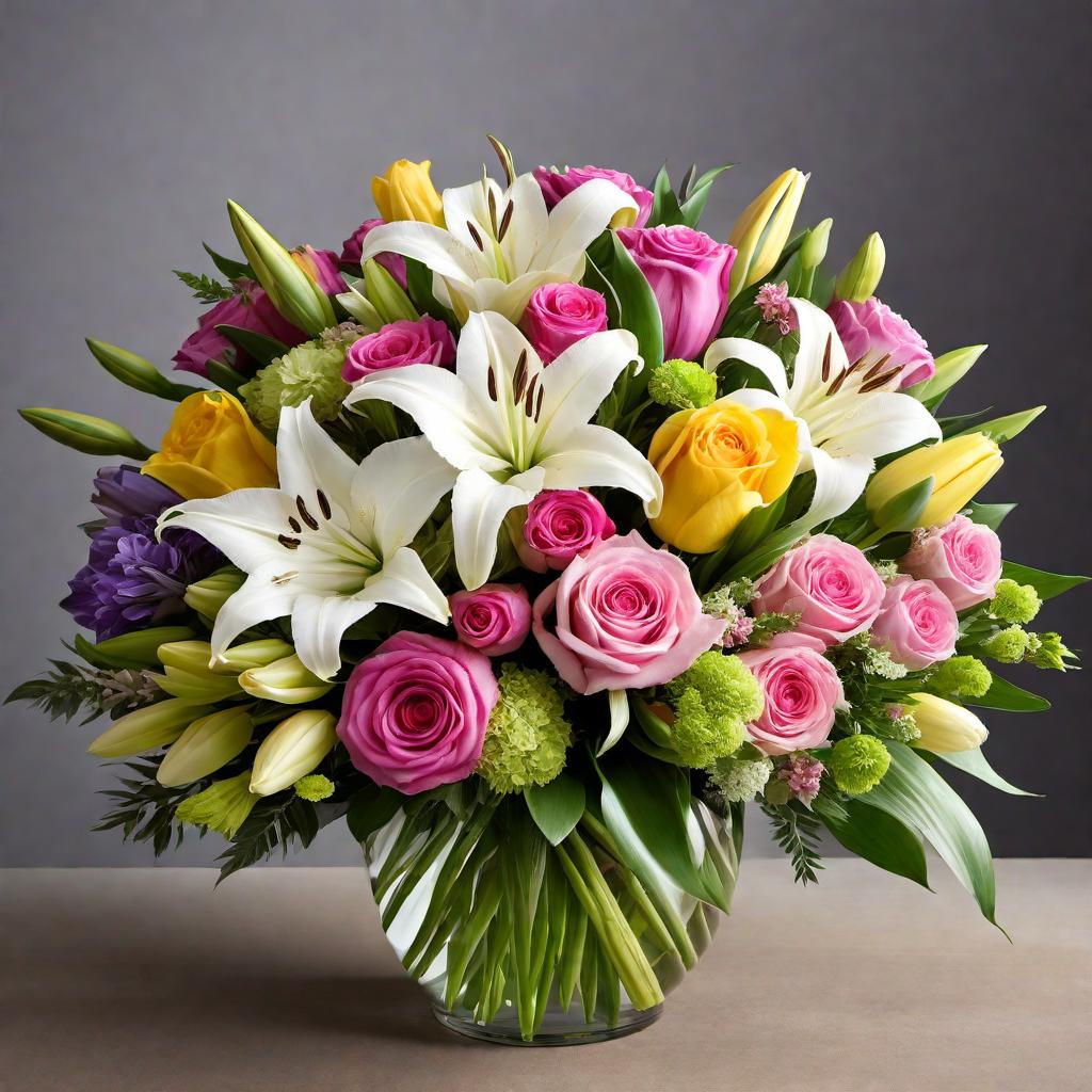  A lush bouquet of beautiful mixed flowers including roses, lilies, and tulips, arranged elegantly. The flowers are vibrant with colors such as pink, yellow, white, and purple. Perfect for a Mother's Day greeting for someone named Vittoria. hyperrealistic, full body, detailed clothing, highly detailed, cinematic lighting, stunningly beautiful, intricate, sharp focus, f/1. 8, 85mm, (centered image composition), (professionally color graded), ((bright soft diffused light)), volumetric fog, trending on instagram, trending on tumblr, HDR 4K, 8K