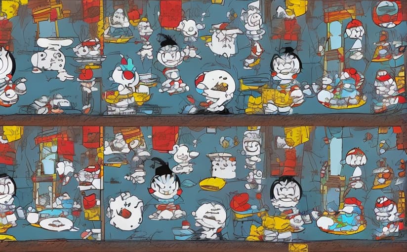 redshift style A retro comic strip of doraemon enjoying a Ice-cream on top of the Eiffel Tower