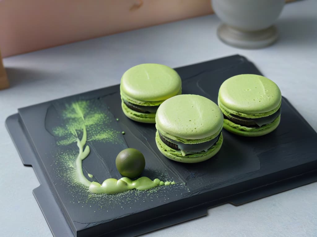  An ultradetailed image of a delicate matcha green tea macaron with a hint of wasabi ganache filling, elegantly placed on a modern slate plate against a soft, blurred background featuring subtle hints of iconic landmarks from both Tokyo and Paris. The macaron is perfectly crafted, showcasing a smooth, glossy surface, intricate ruffled edges, and a dusting of powdered sugar. The color contrast between the vivid green of the macaron and the dark slate plate creates a visually striking composition, symbolizing the fusion of Japanese and French culinary influences in a minimalist and sophisticated manner. hyperrealistic, full body, detailed clothing, highly detailed, cinematic lighting, stunningly beautiful, intricate, sharp focus, f/1. 8, 85mm, (centered image composition), (professionally color graded), ((bright soft diffused light)), volumetric fog, trending on instagram, trending on tumblr, HDR 4K, 8K