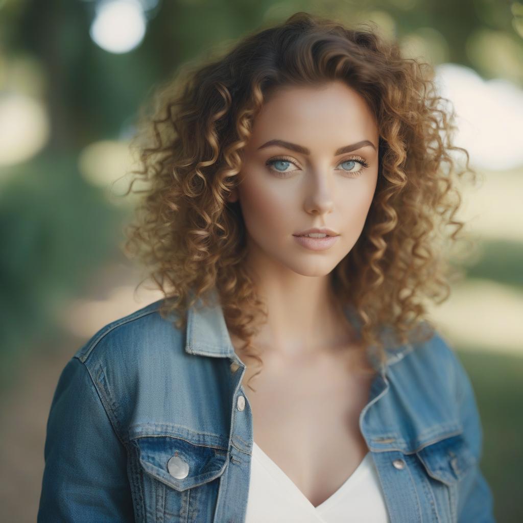  cinematic film still A striking portrait of a young woman with big blue eyes, full lips, and curly hair. She is dressed in a denim jacket and a white top with a low neckline. The background is a serene environment with soft, diffused natural light. The image is beautifully rendered using digital post processing, showcasing clear visualization of all objects and elements. Captured with an 85mm lens and dramatic lighting, the photorealism is enhanced by the use of Cinestill 800T film. The over detailing and intimate portrait composition create a contemplative mood, while the emotional facial expressions and stylized prose add depth to the image. With brilliant textures and hyper realistic details, this 8K high quality image is perfect for 3D  hyperrealistic, full body, detailed clothing, highly detailed, cinematic lighting, stunningly beautiful, intricate, sharp focus, f/1. 8, 85mm, (centered image composition), (professionally color graded), ((bright soft diffused light)), volumetric fog, trending on instagram, trending on tumblr, HDR 4K, 8K