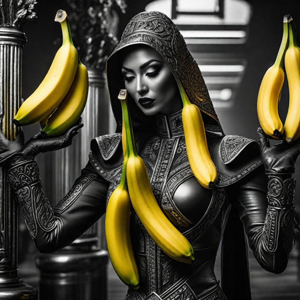  black and white with 1 bright yellow banana world matrix green candles hyperrealistic, full body, detailed clothing, highly detailed, cinematic lighting, stunningly beautiful, intricate, sharp focus, f/1. 8, 85mm, (centered image composition), (professionally color graded), ((bright soft diffused light)), volumetric fog, trending on instagram, trending on tumblr, HDR 4K, 8K