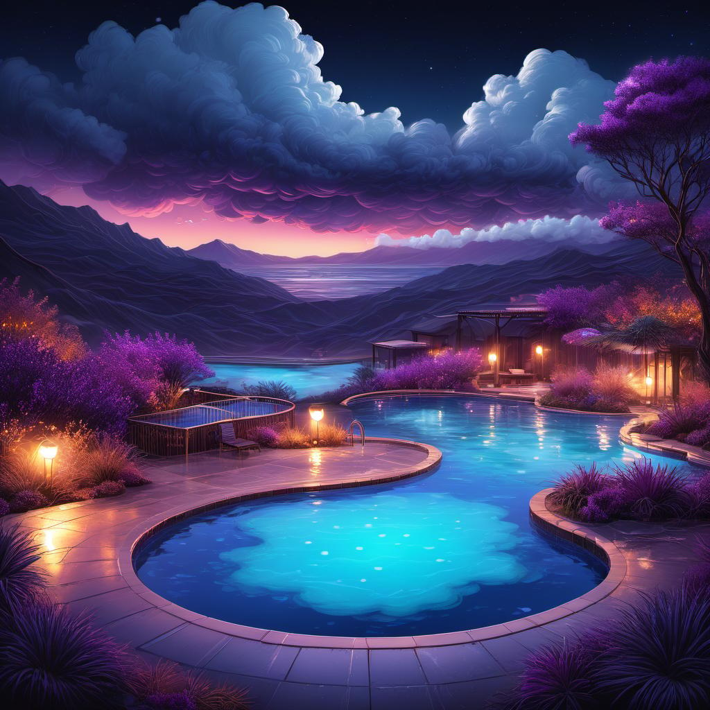  Hot Springs, Thermal Pools, clouds, vivid, highly detailed, hand-drawn, combined with digital art, night, whimsical, (enchanting atmosphere:1.1), warm lighting , depth of field, Wacom Cintiq, Adobe Photoshop, 300 DPI, (hdr:1.2), dark perple shades
