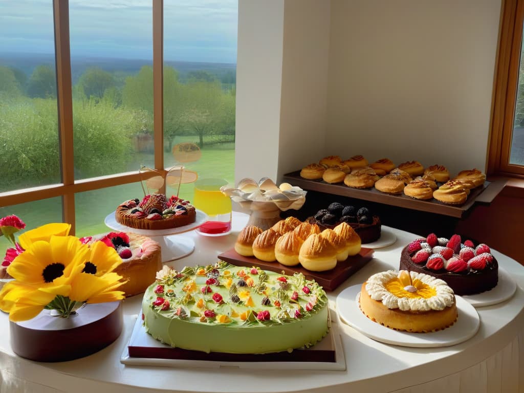  A beautifully decorated table filled with an array of freshly baked pastries and cakes, each one intricately designed with colorful frosting and edible flowers. The soft morning light filters through a nearby window, casting a warm glow on the delicious spread. In the background, a group of diverse individuals, young and old, are gathered around the table, chatting and laughing as they prepare to taste the sweet treats. The image captures a sense of community, creativity, and excitement, perfectly complementing the theme of turning a baking contest into a highly anticipated annual tradition. hyperrealistic, full body, detailed clothing, highly detailed, cinematic lighting, stunningly beautiful, intricate, sharp focus, f/1. 8, 85mm, (centered image composition), (professionally color graded), ((bright soft diffused light)), volumetric fog, trending on instagram, trending on tumblr, HDR 4K, 8K