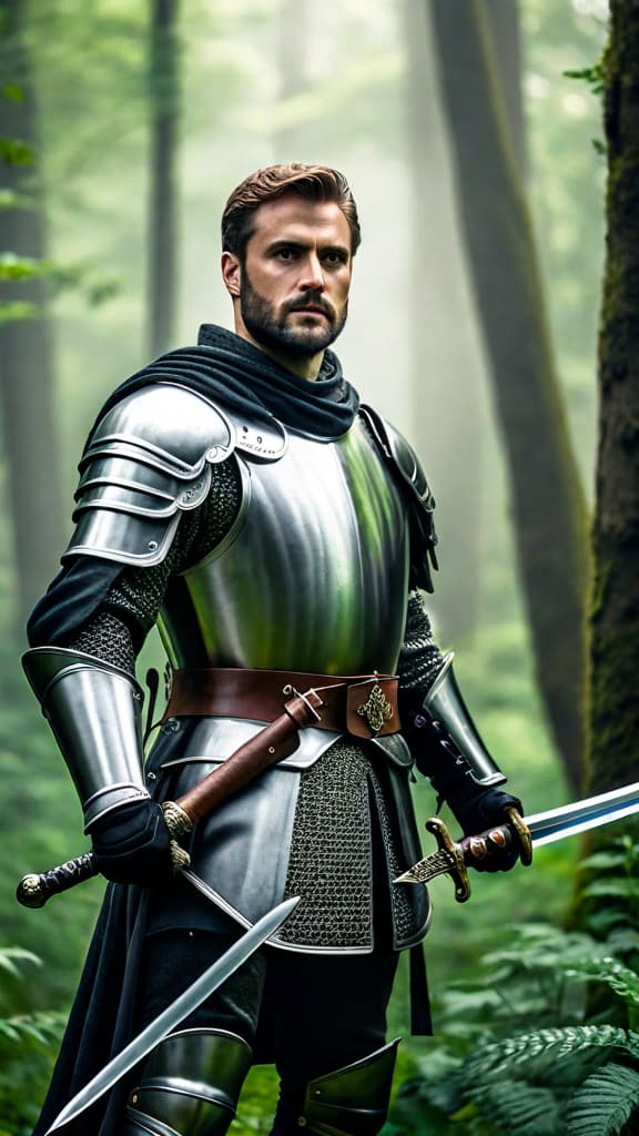  A medieval knight standing in a lush forest, sword drawn. hyperrealistic, full body, detailed clothing, highly detailed, cinematic lighting, stunningly beautiful, intricate, sharp focus, f/1. 8, 85mm, (centered image composition), (professionally color graded), ((bright soft diffused light)), volumetric fog, trending on instagram, trending on tumblr, HDR 4K, 8K