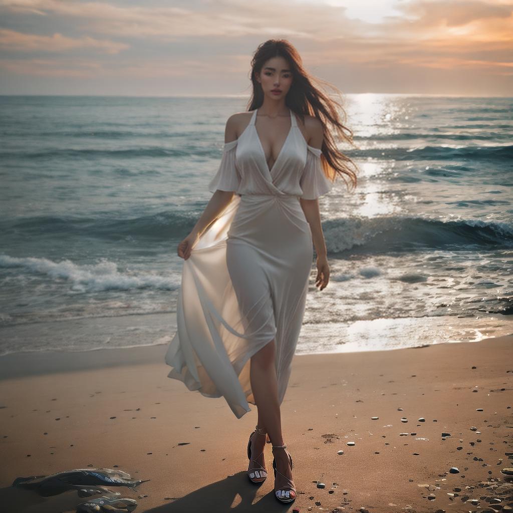  Girl on the beach hyperrealistic, full body, detailed clothing, highly detailed, cinematic lighting, stunningly beautiful, intricate, sharp focus, f/1. 8, 85mm, (centered image composition), (professionally color graded), ((bright soft diffused light)), volumetric fog, trending on instagram, trending on tumblr, HDR 4K, 8K