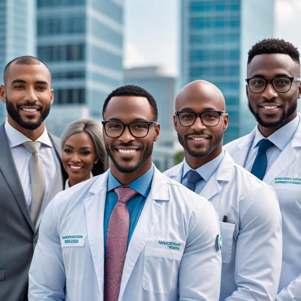  Create an image for a magazine cover featuring a diverse group of people in business attire with hospitals and wellness centers in the background, showcasing the importance of healthcare investments at the Africa Global Investment Expo. hyperrealistic, full body, detailed clothing, highly detailed, cinematic lighting, stunningly beautiful, intricate, sharp focus, f/1. 8, 85mm, (centered image composition), (professionally color graded), ((bright soft diffused light)), volumetric fog, trending on instagram, trending on tumblr, HDR 4K, 8K