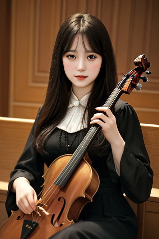  masterpiece, best quality, A 20 year old woman who conducts an orchestra conducts while wearing a black dress. The photo was taken in the 1970s, and she is happy to be where her life goes on with some detail!"the background has many details!, very realistic face!! delicate features!!!!! by Edgar Maxence!!!!!!! artstation ink smooth lighting digital painting illustration portrait concept design sharp focus finely detailed eyes symmetry golden