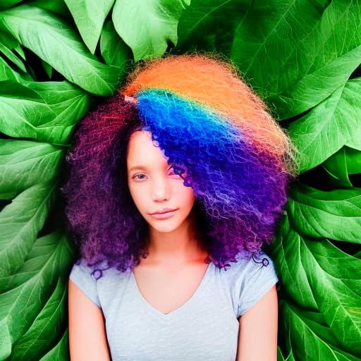 lnkdn photography A circle where a girl has hair in rainbow color with different color of leaves and straight posture