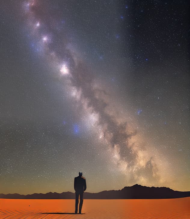  A man in the desert night staring at the galaxy in the sky