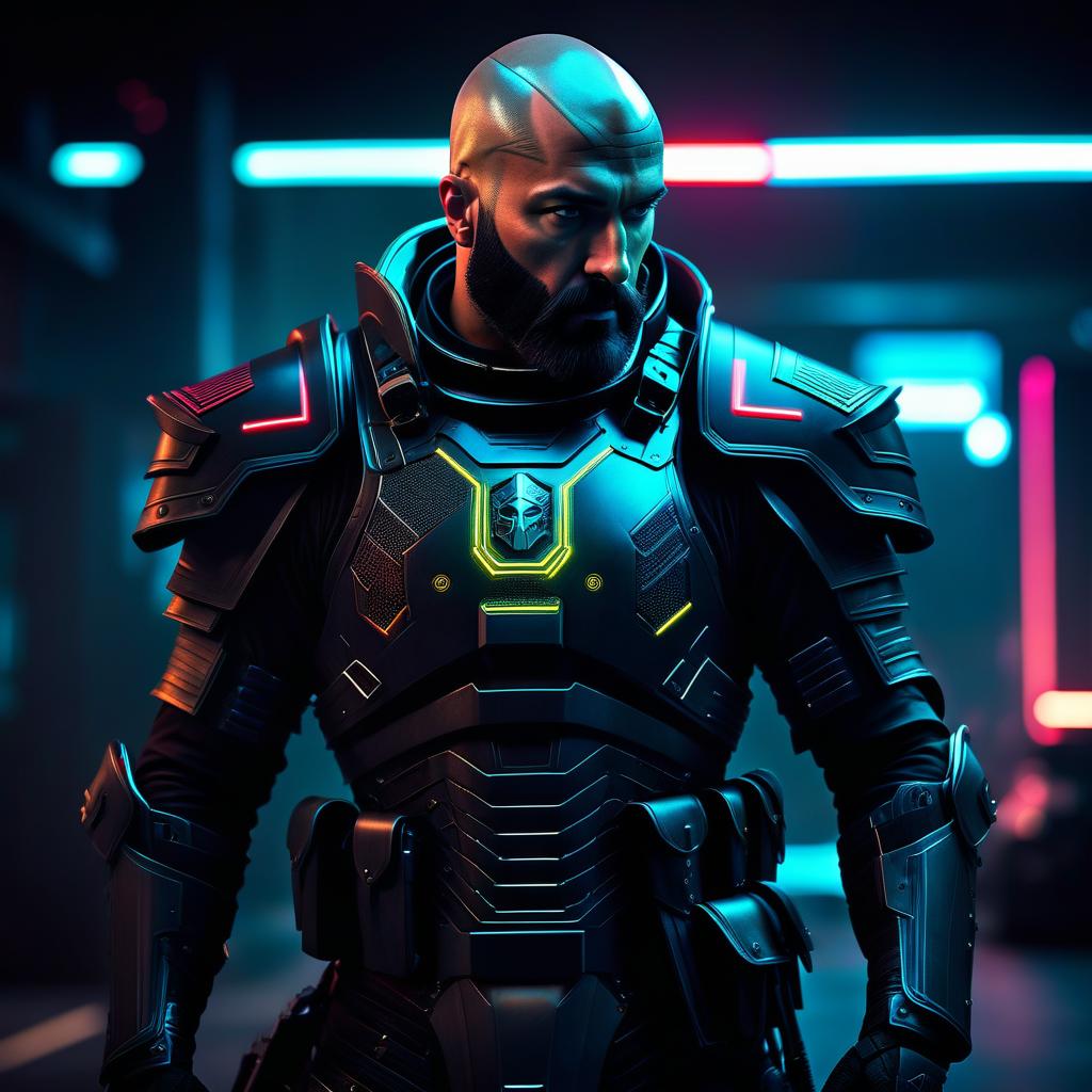  cyberpunk game style bald bearded soldier in knight's armor, without a helmet . neon, dystopian, futuristic, digital, vibrant, detailed, high contrast, reminiscent of cyberpunk genre video games hyperrealistic, full body, detailed clothing, highly detailed, cinematic lighting, stunningly beautiful, intricate, sharp focus, f/1. 8, 85mm, (centered image composition), (professionally color graded), ((bright soft diffused light)), volumetric fog, trending on instagram, trending on tumblr, HDR 4K, 8K