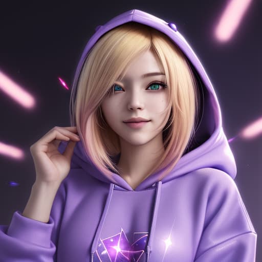  portrait of happy cyberpunk anime woman with blondish hair, wearing a purple hoodie, with magical sparkles in the air