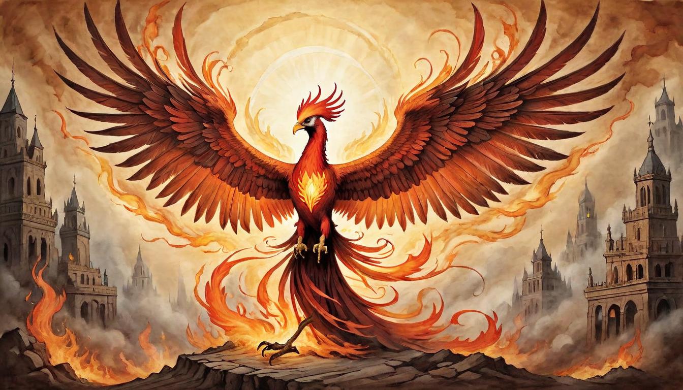  on parchment, surrealism+++, Phoenix rising from the ashes, wings outstretched and glowing with fiery intensity, representing rebirth, resurrection, powerful, dynamic(mysterious, provocative, symbolic,muted color)+++