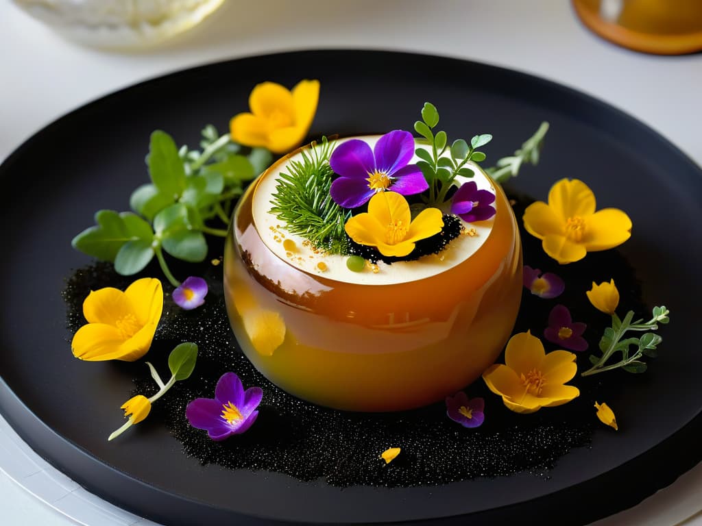  A closeup, ultradetailed image of a delicate, perfectly executed spherical gelatin dessert elegantly adorned with shimmering gold leaf, surrounded by tiny, vibrant edible flowers and meticulously placed microgreens. The dessert sits on a sleek, matte black plate, emphasizing the intricate details and modern presentation of gelification techniques in contemporary pastry art. hyperrealistic, full body, detailed clothing, highly detailed, cinematic lighting, stunningly beautiful, intricate, sharp focus, f/1. 8, 85mm, (centered image composition), (professionally color graded), ((bright soft diffused light)), volumetric fog, trending on instagram, trending on tumblr, HDR 4K, 8K