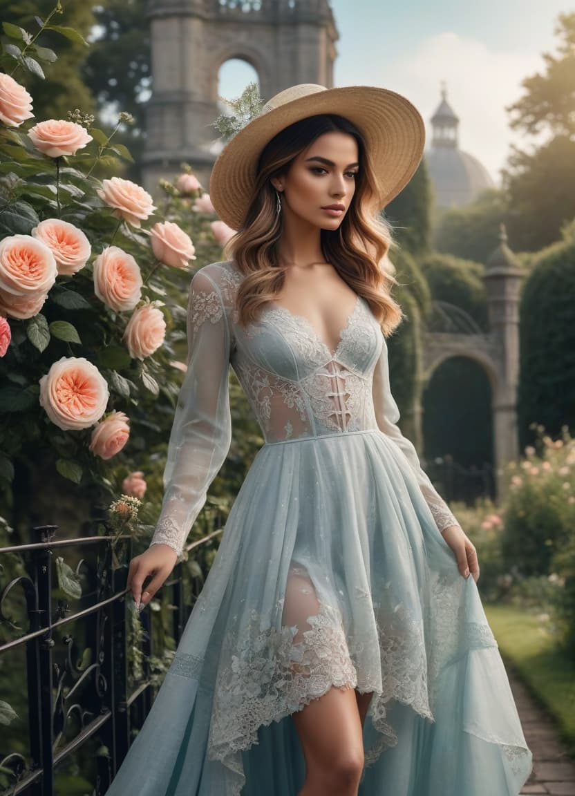  Fashion editorial style Delicate English watercolour in pastel tones, on the background of English garden flowers powder roses in dew, among roses stands a lovely in a straw hat decorated with flowers and in a lush dress with lace, openwork wrought iron fence, octane, dew glistens and shimmers in the sun lumen, in the distance marble statue, aesthetic flowers,art botanical, organic biological,realistic . High fashion, trendy, stylish, editorial, magazine style, professional, highly detailed hyperrealistic, full body, detailed clothing, highly detailed, cinematic lighting, stunningly beautiful, intricate, sharp focus, f/1. 8, 85mm, (centered image composition), (professionally color graded), ((bright soft diffused light)), volumetric fog, trending on instagram, trending on tumblr, HDR 4K, 8K