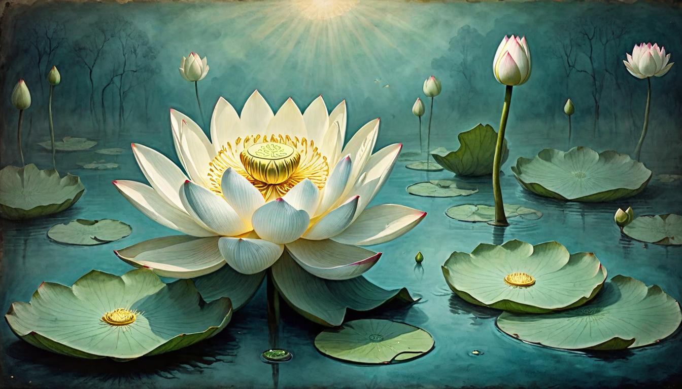  on parchment, surrealism+++, A lotus flower blooming, rooted in murky water, luminous petals unfurling with grace, murky waters densely textured, almost tangible, symbol of purity, resilience in adversity, ethereal glow(mysterious, provocative, symbolic,muted color)+++