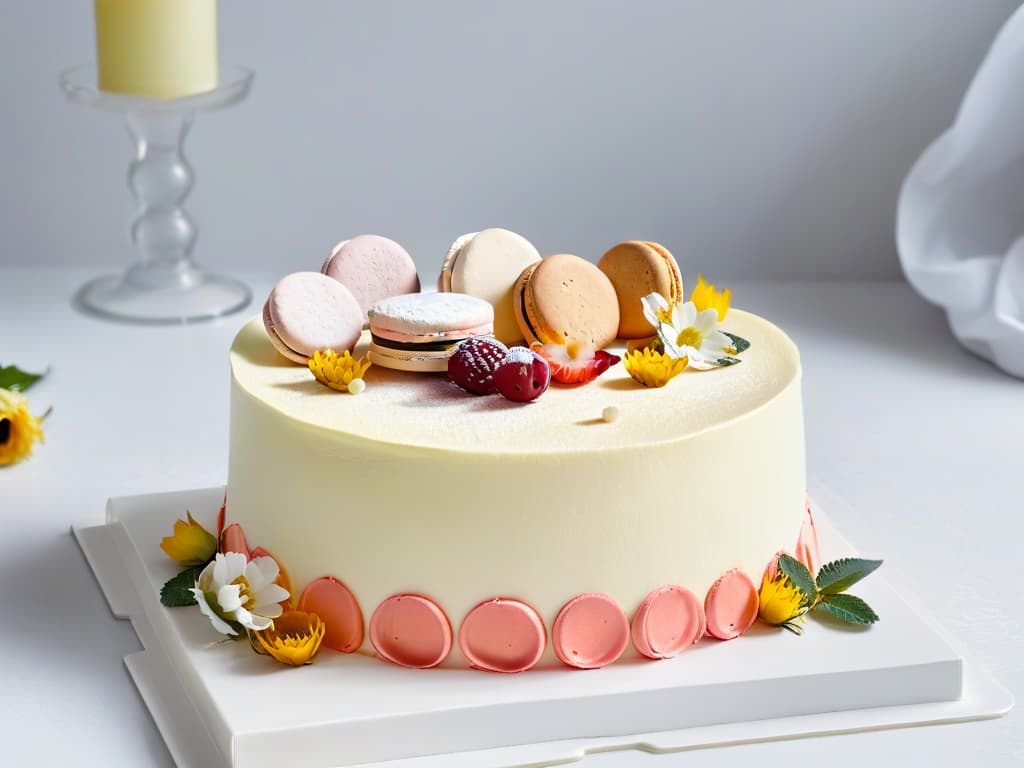  A minimalistic image of a beautifully decorated cake surrounded by pastelcolored macarons and delicate flowers, displayed on a sleek white marble countertop. The cake features intricate piping details and is adorned with fresh berries, while the macarons add a pop of color to the elegant scene. The soft natural light highlights the textures and colors, creating a visually appealing and sophisticated composition that exudes a sense of luxury and craftsmanship. hyperrealistic, full body, detailed clothing, highly detailed, cinematic lighting, stunningly beautiful, intricate, sharp focus, f/1. 8, 85mm, (centered image composition), (professionally color graded), ((bright soft diffused light)), volumetric fog, trending on instagram, trending on tumblr, HDR 4K, 8K