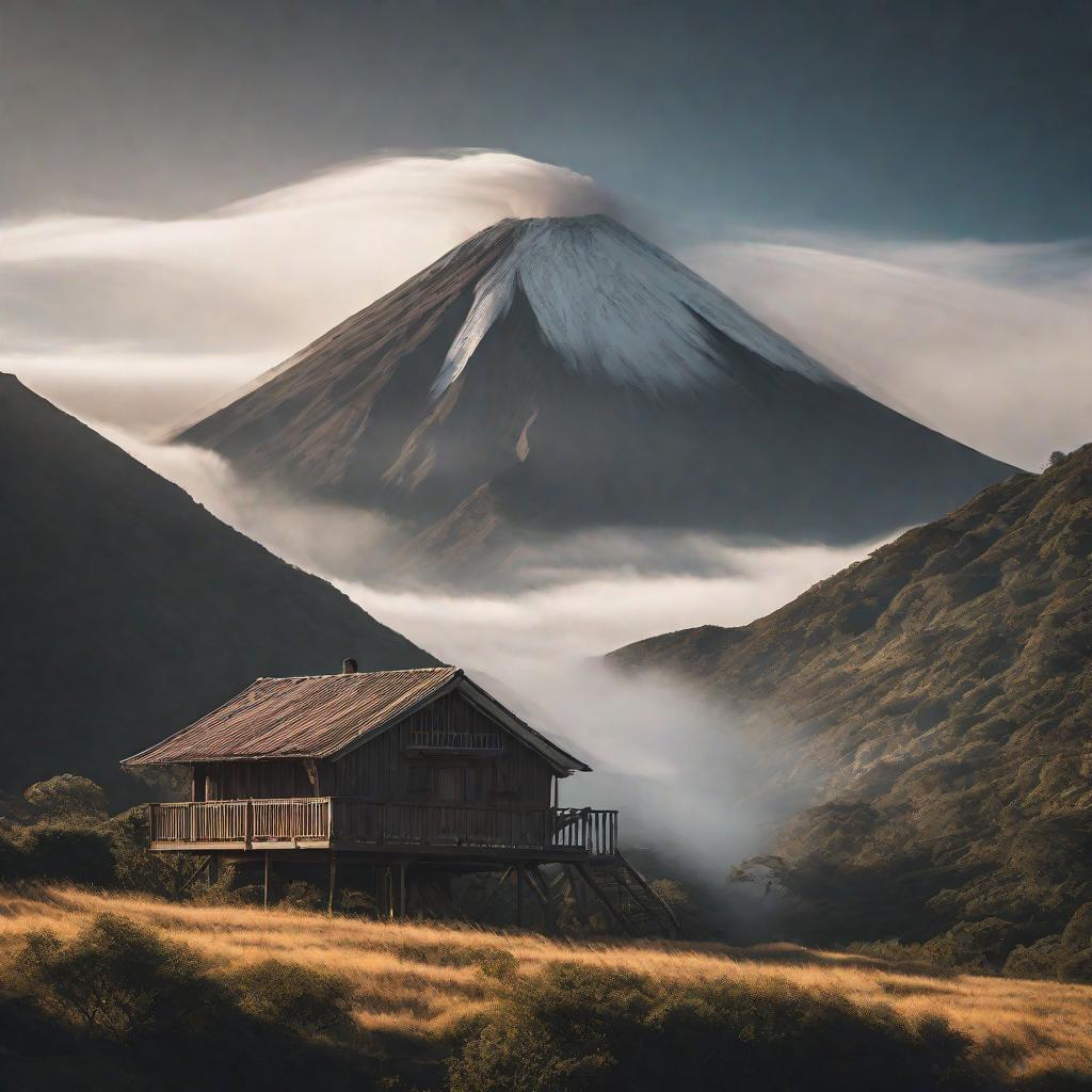  Un volcán y tres casas adelante del volcán hyperrealistic, full body, detailed clothing, highly detailed, cinematic lighting, stunningly beautiful, intricate, sharp focus, f/1. 8, 85mm, (centered image composition), (professionally color graded), ((bright soft diffused light)), volumetric fog, trending on instagram, trending on tumblr, HDR 4K, 8K