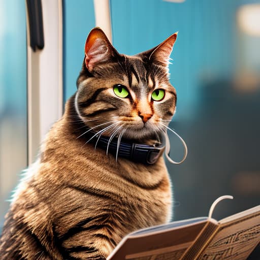 nvinkpunk Realistic image of a cat wearing headphones and reading glasses while riding a bus. hyperrealistic, full body, detailed clothing, highly detailed, cinematic lighting, stunningly beautiful, intricate, sharp focus, f/1. 8, 85mm, (centered image composition), (professionally color graded), ((bright soft diffused light)), volumetric fog, trending on instagram, trending on tumblr, HDR 4K, 8K