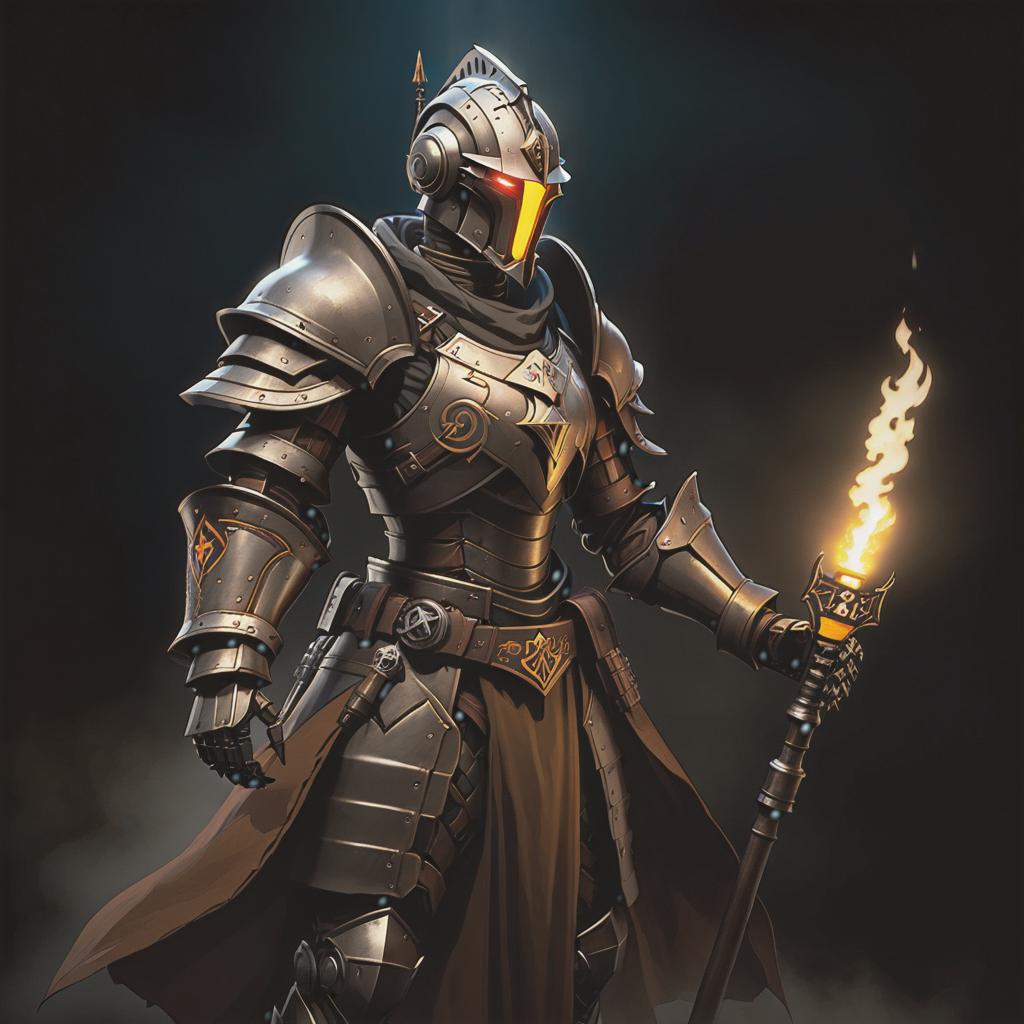  Side view, Robot, leather armor covered in glowing runes, old, metallic torch from Darkest Dungeon in hand, fantasy style {Pathfinder} hyperrealistic, full body, detailed clothing, highly detailed, cinematic lighting, stunningly beautiful, intricate, sharp focus, f/1. 8, 85mm, (centered image composition), (professionally color graded), ((bright soft diffused light)), volumetric fog, trending on instagram, trending on tumblr, HDR 4K, 8K