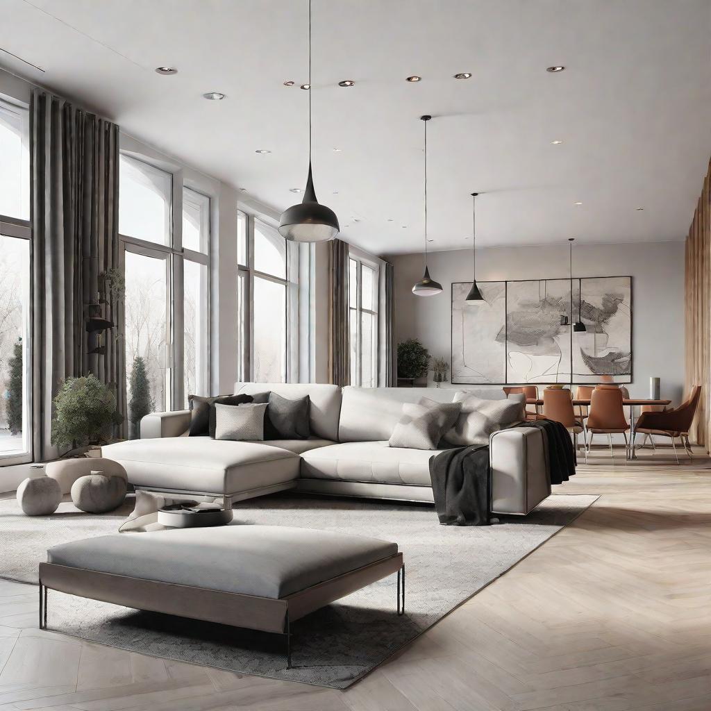  masterpiece, best quality, Best Quality, Masterpiece, 8k resolution,high resolution concept art of an apartment living room with floor to ceiling windows and modern furniture