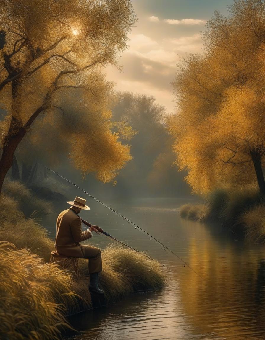  A programmer in a hat fishing. Van Gogh. hyperrealistic, full body, detailed clothing, highly detailed, cinematic lighting, stunningly beautiful, intricate, sharp focus, f/1. 8, 85mm, (centered image composition), (professionally color graded), ((bright soft diffused light)), volumetric fog, trending on instagram, trending on tumblr, HDR 4K, 8K