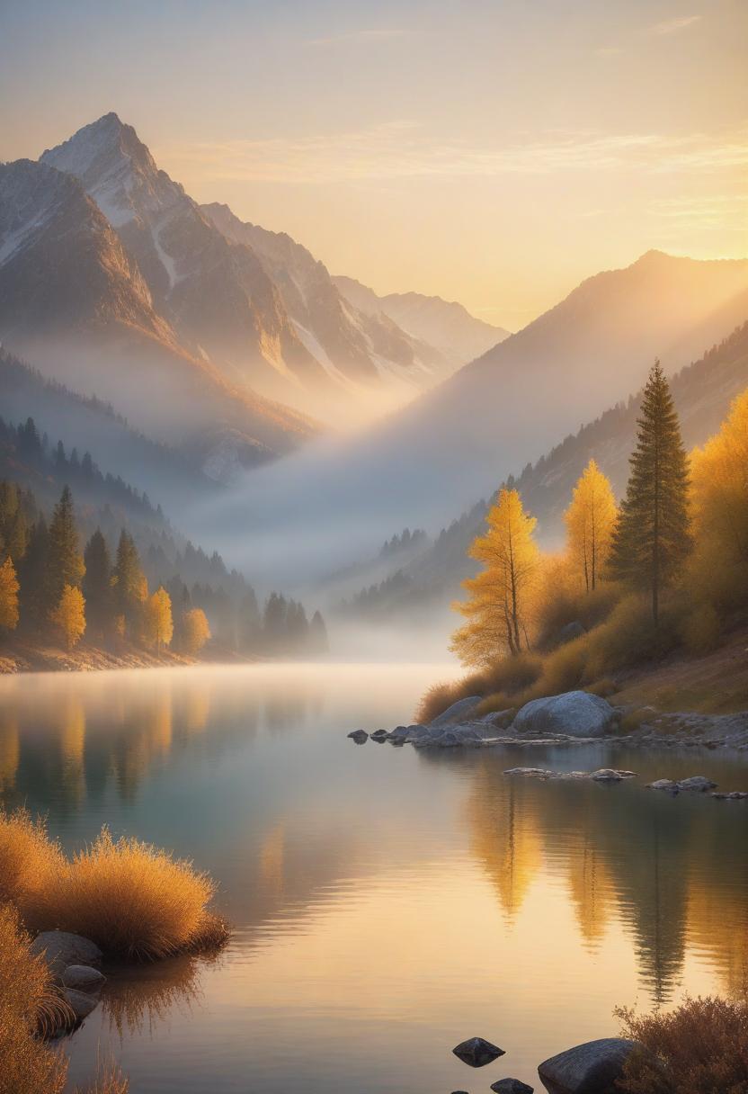  A peaceful mountain landscape at sunset, with a serene lake reflecting the warm golden hues in Impressionist style. hyperrealistic, full body, detailed clothing, highly detailed, cinematic lighting, stunningly beautiful, intricate, sharp focus, f/1. 8, 85mm, (centered image composition), (professionally color graded), ((bright soft diffused light)), volumetric fog, trending on instagram, trending on tumblr, HDR 4K, 8K