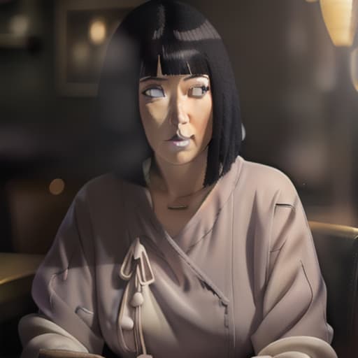  portrait of hinata hyuga sitting in restaurant High Resolution, HDR Masterpieces, Dynamic Depth of Field, Artistic Lighting Techniques hyperrealistic, full body, detailed clothing, highly detailed, cinematic lighting, stunningly beautiful, intricate, sharp focus, f/1. 8, 85mm, (centered image composition), (professionally color graded), ((bright soft diffused light)), volumetric fog, trending on instagram, trending on tumblr, HDR 4K, 8K