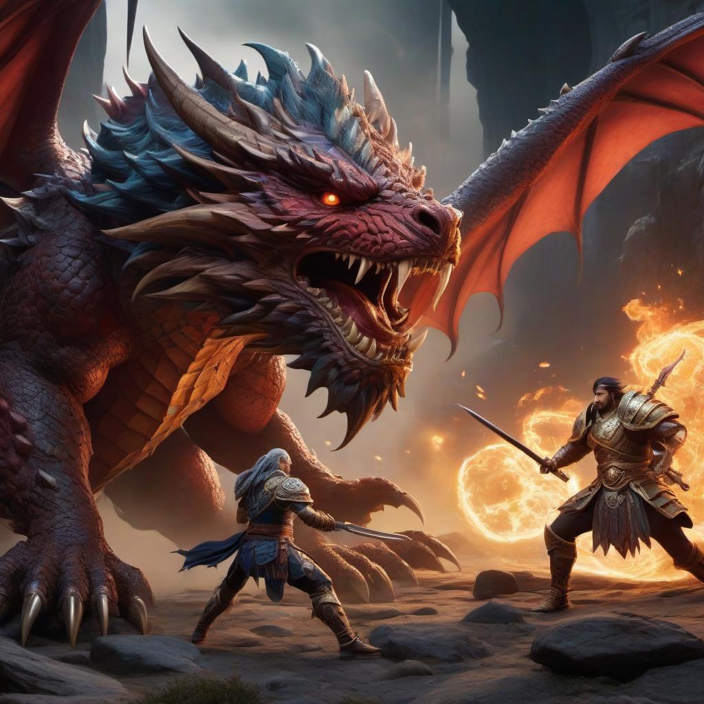  manga style dungeon and dragons, action, 4K, mage, warrior, paladin, battle with a large monster . vibrant, high energy, detailed, iconic, Japanese comic style hyperrealistic, full body, detailed clothing, highly detailed, cinematic lighting, stunningly beautiful, intricate, sharp focus, f/1. 8, 85mm, (centered image composition), (professionally color graded), ((bright soft diffused light)), volumetric fog, trending on instagram, trending on tumblr, HDR 4K, 8K