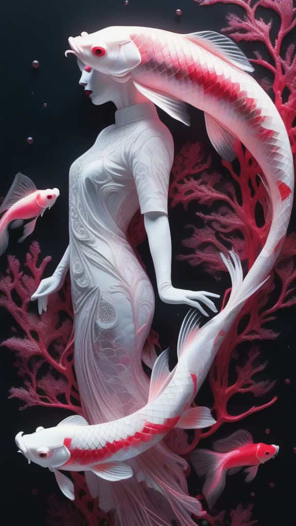  photo RAW, (Black, dark red and neon pink : Portrait of 2 ghostly long tailed white koi, woman, shiny aura, highly detailed, red filigree, intricate motifs, organic tracery, Januz Miralles, Hikari Shimoda, glowing stardust by W. Zelmer, perfect composition, smooth, sharp focus, sparkling particles, lively coral reef background Realistic, realism, hd, 35mm photograph, 8k), masterpiece, award winning photography, natural light, perfect composition, high detail, hyper realistic