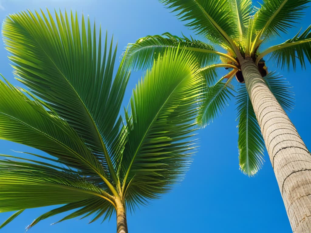  An ultradetailed closeup photograph of a single coconut palm tree in a serene tropical setting, showcasing intricate textures of the tree bark, vibrant green palm fronds gently swaying in the breeze, and a clear blue sky in the background. hyperrealistic, full body, detailed clothing, highly detailed, cinematic lighting, stunningly beautiful, intricate, sharp focus, f/1. 8, 85mm, (centered image composition), (professionally color graded), ((bright soft diffused light)), volumetric fog, trending on instagram, trending on tumblr, HDR 4K, 8K