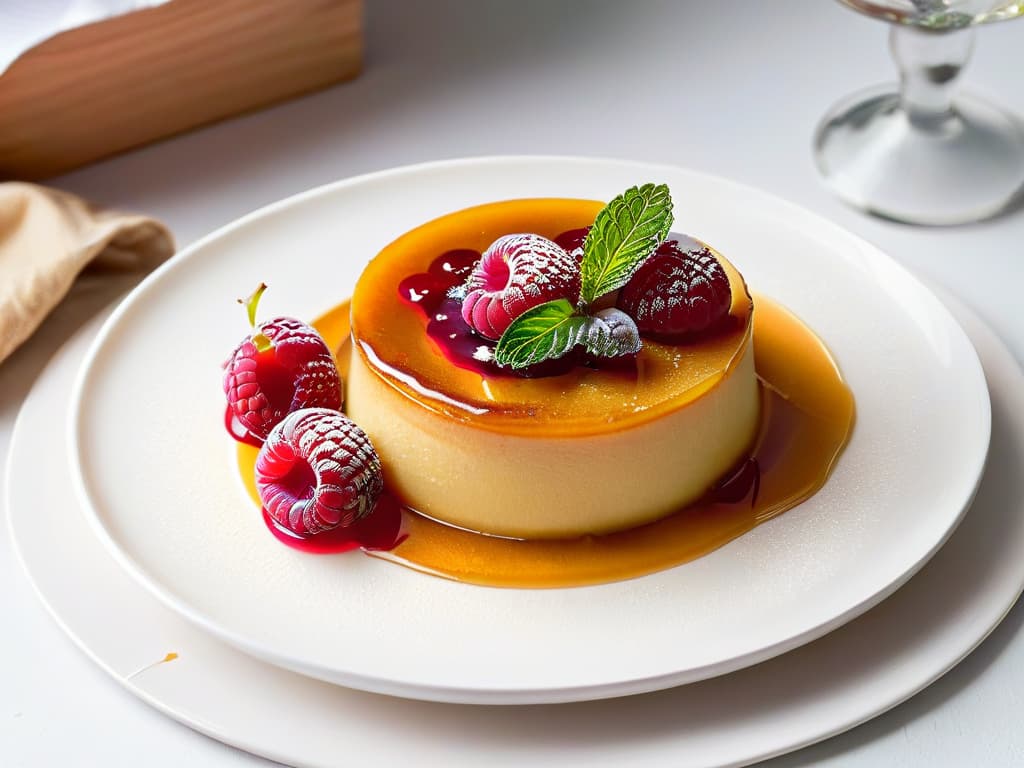  A closeup, ultradetailed image of a perfectly caramelized, goldenbrown flan topped with a single fresh raspberry and a mint leaf, placed on a sleek, white minimalist plate. The creamy texture of the flan should be visible, showcasing a smooth surface with a subtle jiggle. The raspberry should glisten with freshness, and the mint leaf's vibrant green color should pop against the dessert's warm tones. The lighting should be soft, yet highlighting the details of the dessert, creating an elegant and appetizing visual. hyperrealistic, full body, detailed clothing, highly detailed, cinematic lighting, stunningly beautiful, intricate, sharp focus, f/1. 8, 85mm, (centered image composition), (professionally color graded), ((bright soft diffused light)), volumetric fog, trending on instagram, trending on tumblr, HDR 4K, 8K