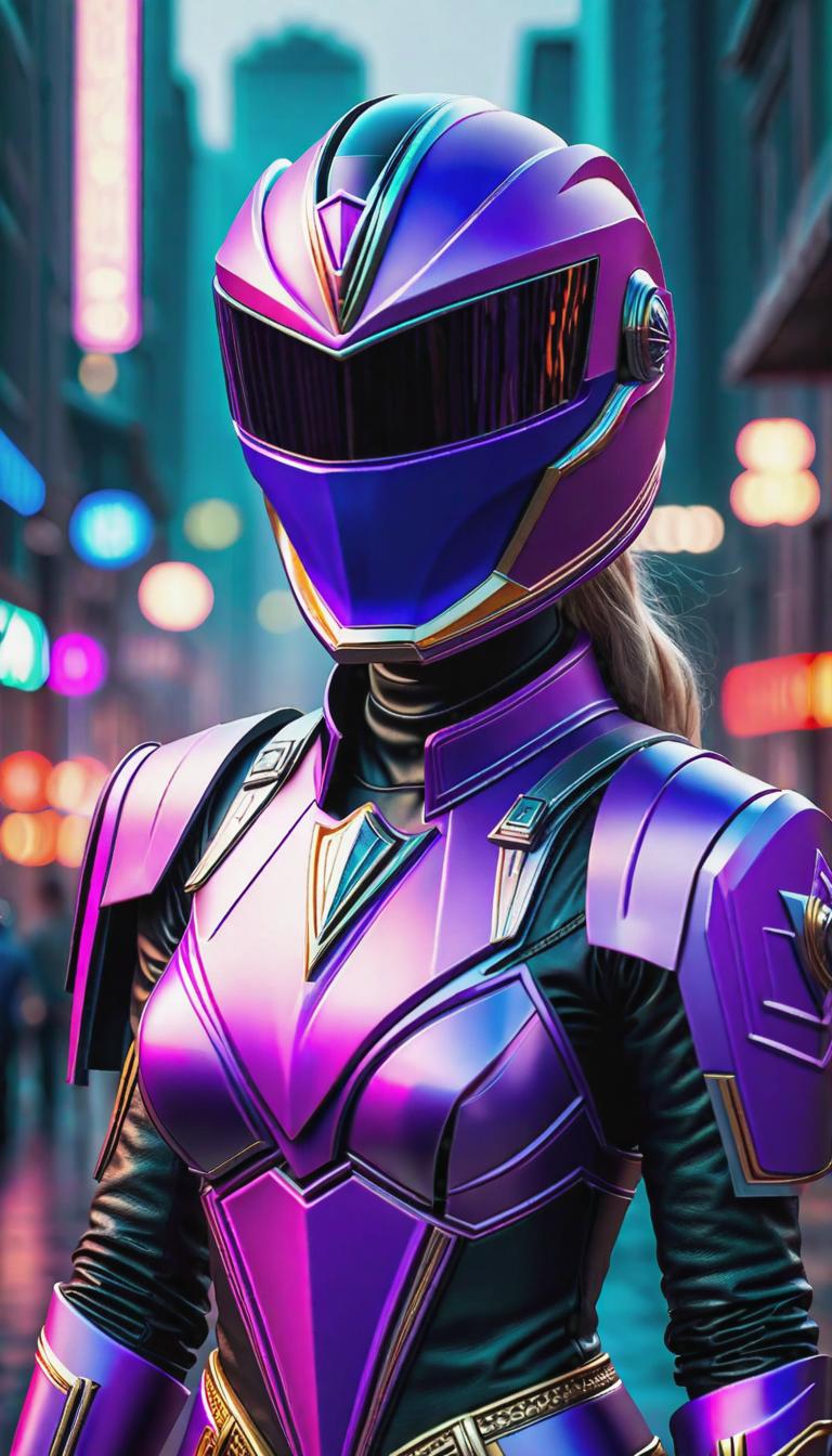  Cyberpunk style depiction of Taylor Swift as a Purple Power Ranger helmet on with visor down. The scene is set in a world where technology has advanced, but society and human conditions have not, creating a gritty, dystopian atmosphere. hyperrealistic, full body, detailed clothing, highly detailed, cinematic lighting, stunningly beautiful, intricate, sharp focus, f/1. 8, 85mm, (centered image composition), (professionally color graded), ((bright soft diffused light)), volumetric fog, trending on instagram, trending on tumblr, HDR 4K, 8K