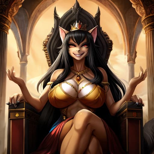  In a decrepit palace chamber, a malevolent feline goddess sits upon a throne, her sinister smile highlighted by a cruel glint in her eye. Her long, ebony hair cascades over her shoulders, framing a regal crown atop her head. The goddess exudes an aura of intimidation with her exaggeratedly large breasts and pointed cat ears. Every intricate detail, from her wicked smile to her powerful gaze, is impeccably rendered, evoking a sense of fear and awe in the viewer. anime style