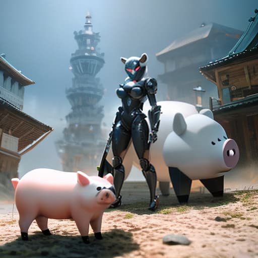  racoon robot and pig robot hyperrealistic, full body, detailed clothing, highly detailed, cinematic lighting, stunningly beautiful, intricate, sharp focus, f/1. 8, 85mm, (centered image composition), (professionally color graded), ((bright soft diffused light)), volumetric fog, trending on instagram, trending on tumblr, HDR 4K, 8K