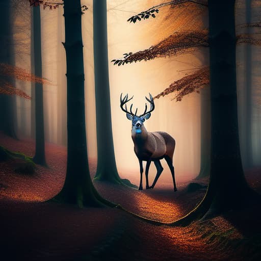  Forest, autumn, deer, dark hyperrealistic, full body, detailed clothing, highly detailed, cinematic lighting, stunningly beautiful, intricate, sharp focus, f/1. 8, 85mm, (centered image composition), (professionally color graded), ((bright soft diffused light)), volumetric fog, trending on instagram, trending on tumblr, HDR 4K, 8K