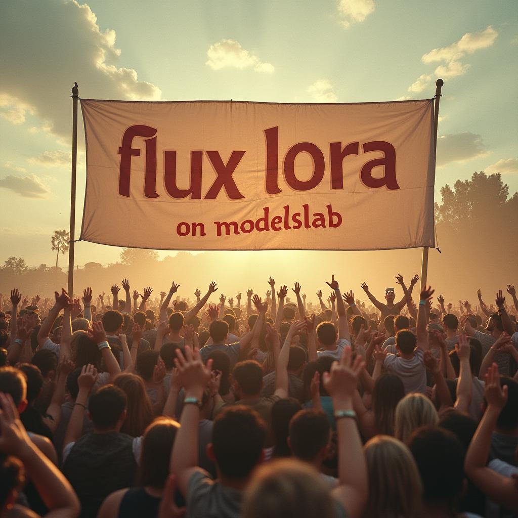  vintage style, a huge crowd cheering at a huge banner, banner contains the text 'flux lora on modelslab'.