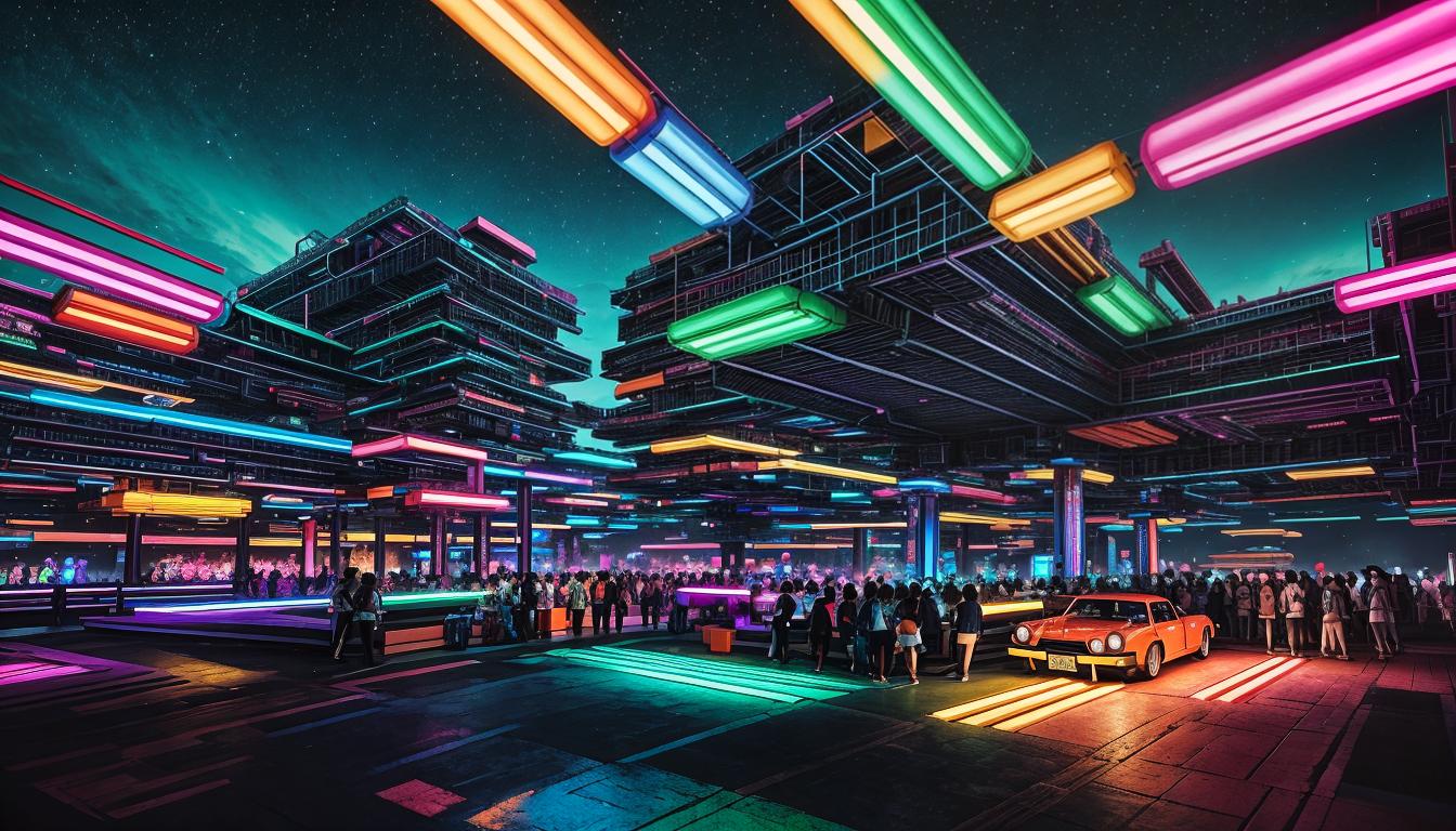  Retro anime aesthetics, retro futuristic A group of people, smiling and working together to build a structure out of large, colorful blocks, each person adding a piece, lively atmosphere, cooperative, unifying, 4k, HDR, lens flare