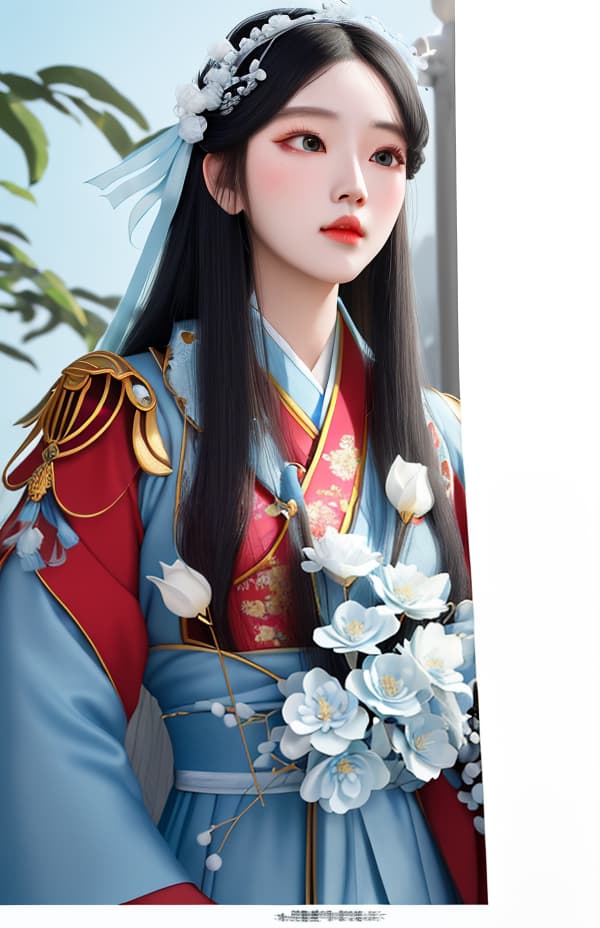  masterpiece, best quality, (Fidelity: 1.4), Best Quality, Masterpiece, Ultra High Resolution, Poster, Fantasy Art, Very Detailed Faces, 8k resolution, Chinese Style, An woman, Side Face, Quiet, Light Blue Hanfu, Tulle Coat, Long Black Hair, Light Blue Fringed Hair Ornament, Hairpin, White Ribbon, White Flower Bush, Light Blue Butterfly Flying, cinematic lighting effects